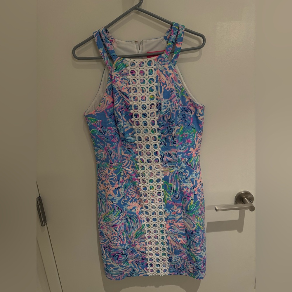 Lilly Pulitzer Blue Multi-Color Floral Shift Dress with White Crochet Panel